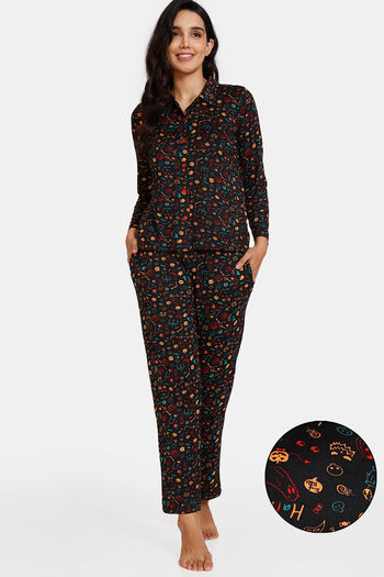 Zivame Halloween Knit Poly Pyjama Set Jet Black